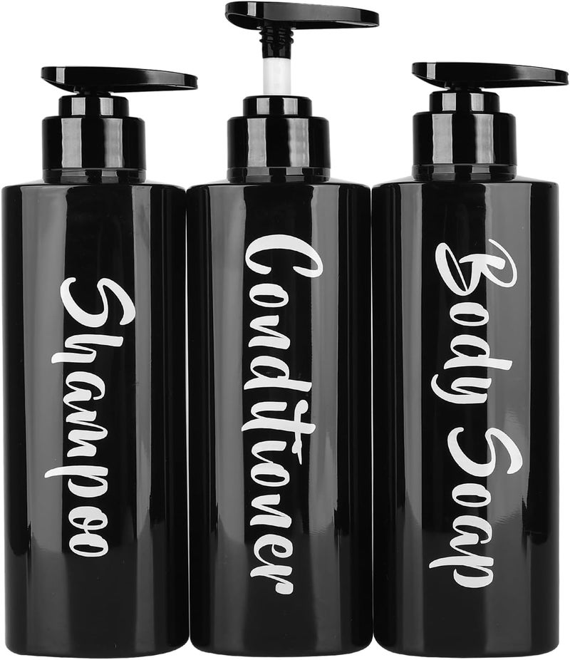 AUMIO 16.9oz Shampoo and Conditioner Bottles Set of 3-Printed Shower Soap Dispenser Plastic Shampoo Bottles Refillable with Pump - Shampoo Conditioner Body Wash Dispenser for Bathroom Shower Black - Image 1